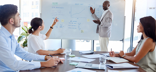Image showing Presentation, finance and training with a team in a meeting for growth, future development or report. Collaboration, strategy and data with a business man ready to answering a question in a boardroom
