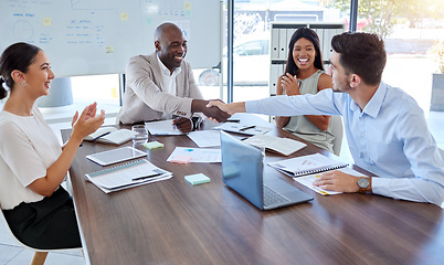 Image showing Handshake, partnership or promotion success in office support, trust deal or crm in b2b digital marketing collaboration meeting. Smile, happy and business teamwork in welcome, thank you and strategy