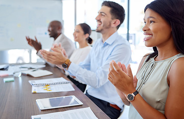 Image showing Success, applause and goals with business people in meeting with idea for support, motivation and winner celebration. Goals, vision and workshop with employees in conference for award, wow or growth