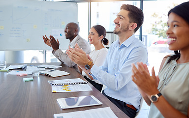 Image showing Team presentation success, company applause or happy workers with support, smile or motivation in office. Team building, collaboration or diversity for award on creative strategy or marketing growth