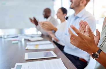 Image showing Teamwork training, hands and applause team in presentation, business meeting or office workshop. Diversity employees, motivation or people success for innovation or company goal or target with paper