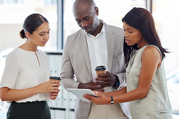 Image showing Tablet working, team and finance data check of corporate investment workers with coffee. Digital collaboration, teamwork and information technology strategy of business staff planning online profit