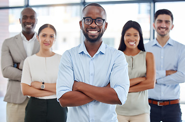 Image showing Leadership, pride and business people with smile for management at a startup company together at work. Portrait of diversity, partnership and arms crossed from a manager and employees in an office