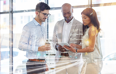 Image showing Futuristic, tablet working overlay and business people with a tech screen hologram looking at digital data. Future technology, iot and cloud computing of employee group planning a ux office strategy