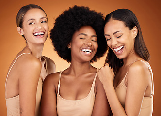 Image showing Happy, beauty and women diversity of model group laughing together. People or girl friends smile feeling calm, female empowerment and skincare happiness experience feeling comfortable in their skin