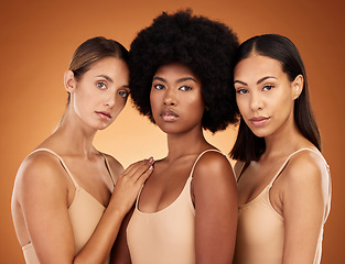 Image showing Beauty, diversity and skincare with a model woman group standing in studio on a brown background to promote real. Hair, face and skin with a female group posing for haircare or wellness together