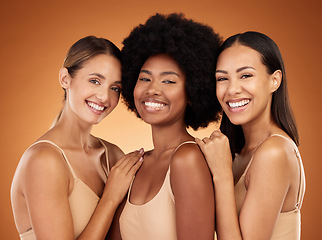 Image showing Natural, skincare and portrait of group of women to model beauty, cosmetics and makeup. Beauty products, diversity and multicultural girls with healthy skin, wellness and body care in brown studio
