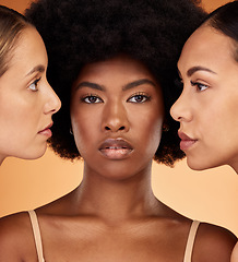 Image showing Beauty, diversity and skincare with model woman friends in studio on a pastel color wall background for empowerment. Skin, health and face with a proud female group posing for inclusion or wellness