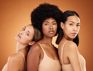 Image showing Diversity, skincare and beauty with model woman friends in studio on a brown background for inclusion. Health, luxury and portrait the a female group standing together for wellness or healthy skin