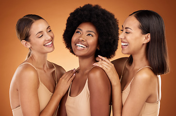 Image showing Friends, beauty and women diversity of model group laugh, happy and friendship together. People smile feeling calm, female empowerment and community support experience a laugh in studio background