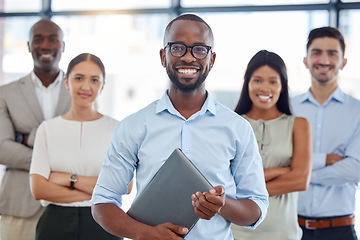 Image showing Black man, arms crossed or business people leadership in diversity, about us or creative advertising startup. Portrait, smile or happy digital marketing designer or technology, motivation or teamwork