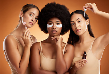 Image showing Beauty, diversity and skincare with model woman friends in studio on a brown background for cosmetics or wellness. Skin care, together and inclusion with a female group posing for health or beauty