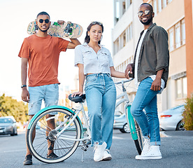 Image showing Fashion, Gen Z and skater friends portrait in road for hangout in Los Angeles neighbourhood. Skateboard, bike and diverse friendship with trendy people gathering for street leisure together.