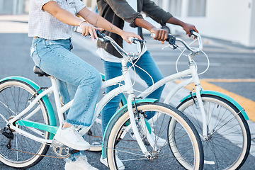 Image showing Black man, woman and city travel bike for eco friendly, carbon footprint and future environment energy transport. Fashion students, friends and cool people or interracial couple in New York bicycles