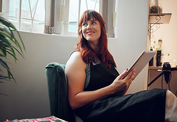 Image showing Happy entrepreneur woman, tablet and thinking about future boutique success. Young businesswoman, smiling and vision as small business owner while working on online networking research