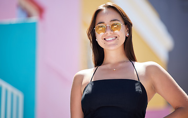 Image showing Happy, woman and fashion glasses with smile on summer holiday break in the outdoors. Portrait of female smiling in happiness for vacation, travel with stylish eyewear for fun weekend in South Africa