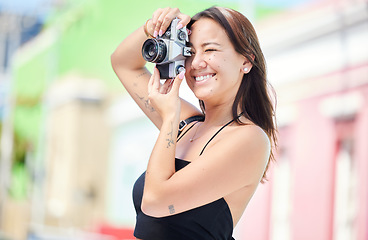 Image showing Photographer with digital camera, urban photography or woman shooting Singapore color street on global travel vacation. Asian city girl, holiday memory photoshoot or young gen z student on world tour