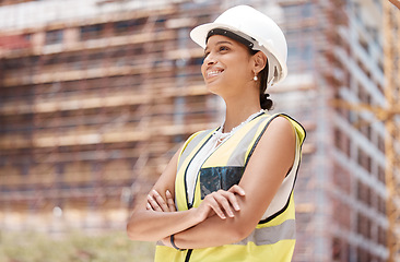 Image showing Arms crossed, building engineer and thinking construction worker woman with smile, goals or real estate architecture vision. Happy development employee, engineering or helmet on property working site