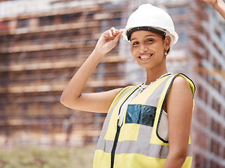 Image showing Building, construction site and architect portrait of woman in engineering. Engineer, architecture and construction worker in safety gear to check building site. Black woman contractor happy at work