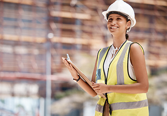 Image showing Black woman, engineer and building safety manager with quality compliance checklist. Happy architecture employee smiling female contractor and lead building construction worker at inspection site