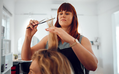 Image showing Hairdresser, salon and haircut, woman and hair, comb and scissors for beauty and hair care service. Beautician, entrepreneur and small business, hairstyle and stylist with client for grooming.