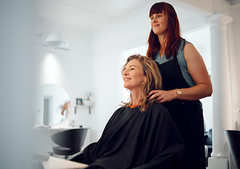 Image showing Hairdresser, beauty and senior happy customer at a salon for a makeover, lifestyle change in New York. Luxury, woman and mature client excited with hairstyle grooming, wellness and care treatment