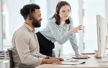 Image showing Call center, team manager and employee training on computer monitor for company advice, goal or target communication. Teamwork, leadership and coaching woman for telemarketing customer service agent