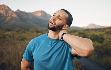 Image showing Neck pain, injury and problem sports man, athlete and training, workout or exercise on hiking trail outdoors. Worried runner body emergency, muscle fracture accident and health risk mistake in nature