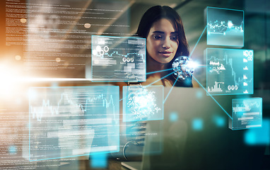 Image showing Overlay, finance stock market hologram or woman and futuristic financial AI, data analysis or cryptocurrency. Cloud computing, IT or networking with global economy, blockchain or investment analytics