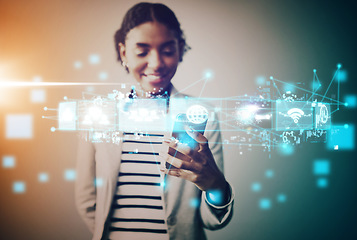 Image showing Digital ai, phone and black woman on social media against a grey mockup studio background. Network, connection and business worker with smartphone for virtual communication and futuristic cgi on web