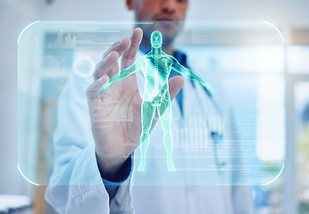 Image showing 3D xray, hand or doctor and man human body scan, injury or skeleton ai in surgery, cancer research or hospital healthcare science. Zoom, x ray or medical ai interface of bone vr in patient hologram