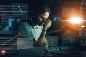 Image showing Future stock market, finance loss or woman for cloud computing, hologram or futuristic 5g network, headache or depression at night. Employee, manager or worker with mental health for 404 pc glitch