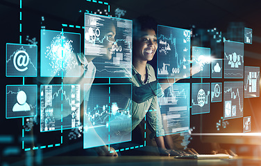 Image showing Tech team, overlay and trading on stock market with hologram, cloud computing and ai financial strategy via wifi internet. Female, cryptocurrency and trader doing data analysis for investment growth