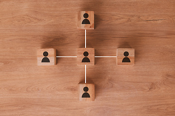 Image showing Wood, networking and communication with wooden blocks connected on a brown surface for collaboration or synergy. Marketing, teamwork and connectivity with block icons joined in partnership from above