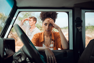 Image showing Lost, stress and road trip couple waiting for emergency roadside assistance, car mechanic service and transport insurance help in safari desert. Sad woman anxiety, driving crisis and accident problem