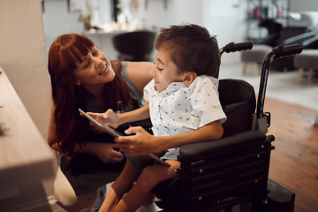 Image showing Woman, child with disability and tablet, wheelchair friendly and inclusivity, accessibility and support. Cerebral palsy and kid with handicap, screen time and games, disabled in hairdresser salon