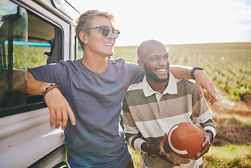 Image showing Sports, vacation and friends on road trip, holiday and stop to rest, play games or enjoy countryside view together. Diversity men playing, adventure or travel for summer, getaway or bonding in nature