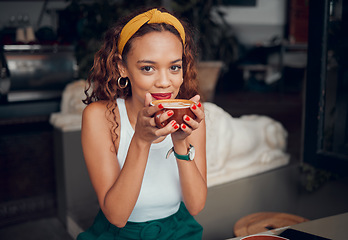 Image showing Black woman, coffee and smile for relax at cafe in joyful happiness, carefree and thinking in shop. Portrait of happy African American female enjoying a warm drink at a indoor restaurant