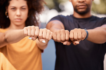 Image showing Justice, hand and fist of power by people in public protest for freedom, equality and change in a street. Community, action and government rally by man and woman in solidarity for society democracy