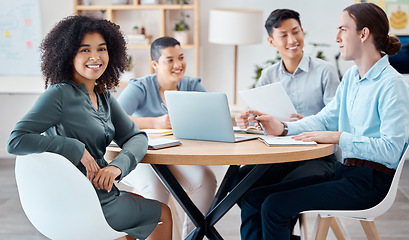 Image showing Meeting, leader and woman with team in an office, working on creative marketing and digital planning. Teamwork, innovation and diverse colleagues sharing strategy, vision and goal for online progect