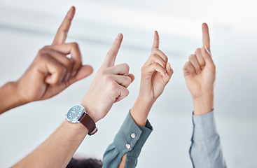 Image showing Business people, hands or pointing up for ideas, success or innovation vision in creative office team building. Zoom, finger or company vote for opinion, gesture or teamwork collaboration for workers