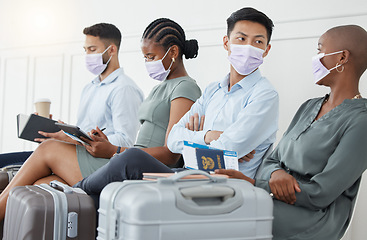 Image showing Covid, airport and group of people waiting together before traveling, compliance during pandemic. Safety, health and corona rules with diverse crowd talking in an airport lounge, relaxed and sitting