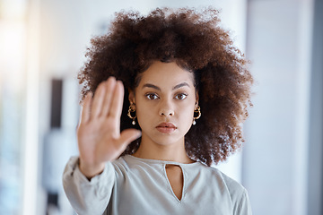 Image showing Hands, hr and manager stop sign with hand in office, serious, power and change in corporate. Black woman fighting sexual harassment, discrimination and toxic work environment with employee protection