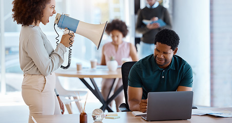 Image showing Black man, laptop and boss on megaphone angry or shouting at employee. Loudspeaker, leader and business woman with bullhorn screaming at stressed or frustrated worker to start work at company office.