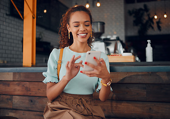 Image showing Restaurant, smartphone and relax black woman typing, scroll or check email, contact social media app or social network user. Happy, smile and young gen z girl with mobile tech post to online web blog