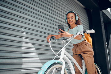 Image showing City travel, phone or bike for woman with radio headphones, podcast or music in Brazil road. Smile, happy or fashion student and mobile audio, eco friendly gps or future environment energy transport