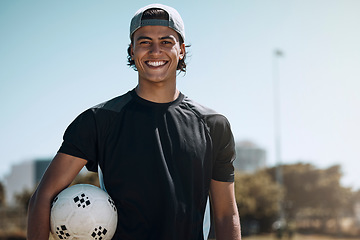 Image showing Man, soccer ball or fitness on sports field, training center or exercise club and wellness goals, health target or winner mindset. Portrait, smile or happy football coach or workout personal trainer