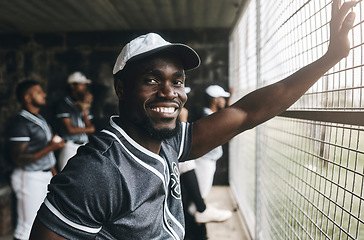 Image showing Baseball, training and portrait of coach in dugout, smile, relax and happy about sports vision, goal and mission. Sport, stadium and cheerful team trainer watching game with baseball player group