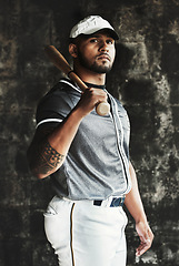 Image showing Sport, fitness and baseball player with bat looking cool, focus and ready for competitive training. Vision, mindset and portrait of professional softball athletic man, determined attitude in Mexico