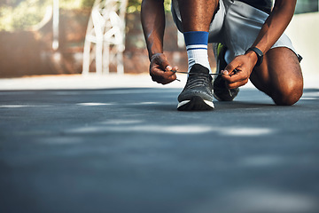 Image showing Sport, fitness and shoes of runner before exercise and morning cardio in city, lace tie, feet and closeup. Health, wellness and sneakers of man before running outdoor for training, health and workout